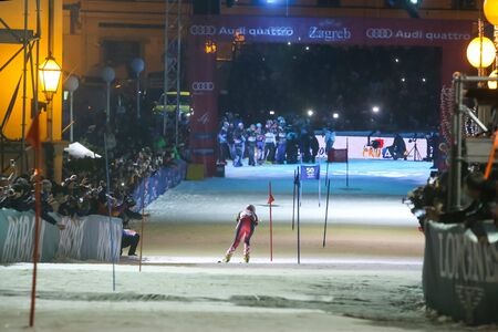 ZAGREB, CROATIA - JANUARY 4th, 2017 : A celebration marking the 50th anniversary of the FIS World Cup in alpine skiing. Ski race of overall winners of the FIS World Cup on the ski slope in Bakaceva street, on the road from the cathedral to the main squareのeditorial素材