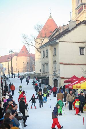 ZAGREB, CROATIA - JANUARY 15, 2017 : FIS World Snow Day for kids with free skiing and snowboarding...
