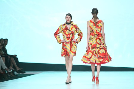 ZAGREB, CROATIA - APRIL 1, 2017 : Fashion model wearing clothes for spring - summer, designed by Luka Grubisic on the Bipa Fashion.hr fashion show in Zagreb, Croatia.のeditorial素材