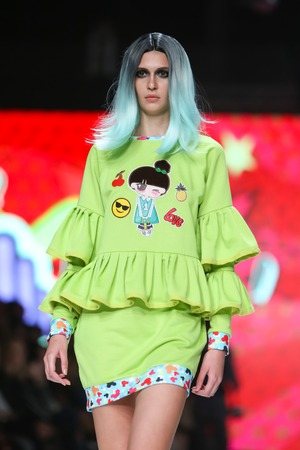 ZAGREB, CROATIA - APRIL 1, 2017 : Fashion model wearing clothes for spring - summer, BiteMyStyle by Zoran Aragovic on the Bipa Fashion.hr fashion show in Zagreb, Croatia.のeditorial素材