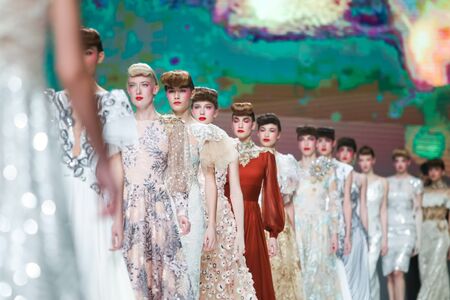 ZAGREB, CROATIA - MARCH 31, 2017 : Fashion model wearing clothes for spring - summer, designed by Ivica Skoko on the Bipa Fashion.hr fashion show in Zagreb, Croatia.のeditorial素材