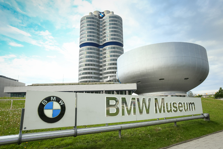 MUNICH, GERMANY - MAY 6, 2017 : Logo of BMW in front  of the BMW Museum in Munich, Germany.のeditorial素材