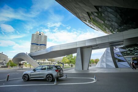 MUNICH, GERMANY - MAY 6, 2017 : A view of the BMW X5 SUV automobile exhibited in front of the BMW Welt exhibition center next to the BMW Museum in Munich, Germany.のeditorial素材