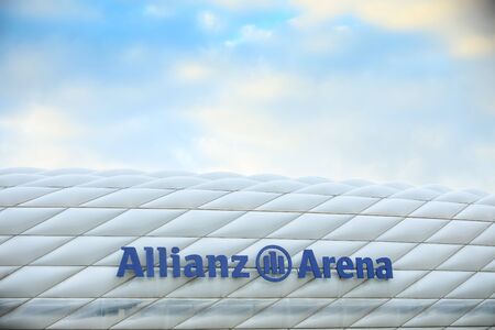 MUNICH, GERMANY - MAY 9, 2017 : A view of the logo on Allianz Arena football stadium in Munich, Germany. The Allianz Arena is home football stadium for FC Bayern Munich.のeditorial素材