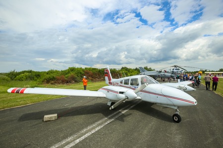 VELIKA GORICA, CROATIA - MAY 13, 2017 : People sightseeing the Piper PA- 44 Seminole aircraft exhibited at the AIRVG2017, the aviation day in Velika Gorica, Croatia.のeditorial素材