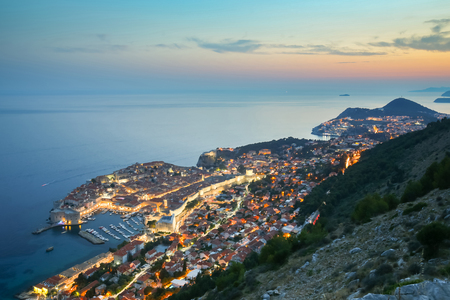 An aerial view of the ancient old town Dubrovnik at sunset in Dalmatia, Croatia.の写真素材