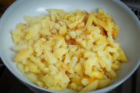 Detail of fried potatoes in a pan.の写真素材