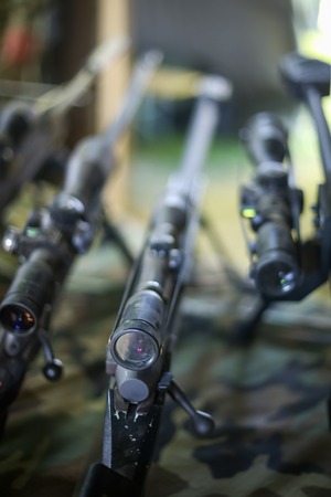 ZAGREB, CROATIA - MAY 28, 2017 : Detail of sniper rifles arranged in a row on the 26th anniversary...