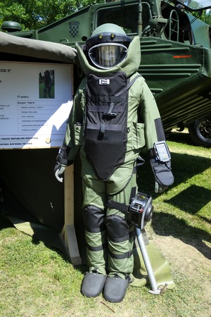 ZAGREB, CROATIA - MAY 28, 2017 : Protective suit Explosive Ordnance Disposal 9 exposed at the 26th anniversary of the formation of the Croatian Armed Forces on Lake Jarun in Zagreb, Croatia.のeditorial素材