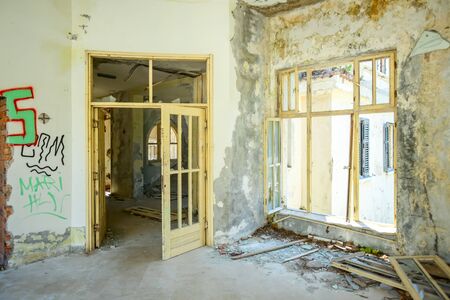 KUPARI, CROATIA - JULY 19, 2017 : The interior of an old ruined hotel Grand in abandoned Yugoslavian military resort in Kupari, Croatia.のeditorial素材