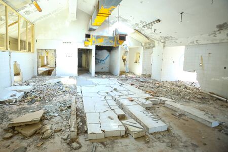 KUPARI, CROATIA - JULY 19, 2017 : Devastated interior of an old ruined hotel Grand in abandoned Yugoslavian military resort in Kupari, Croatia.のeditorial素材