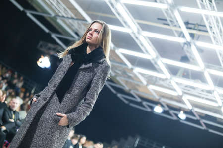 ZAGREB, CROATIA - OCTOBER 24, 2017 : Fashion model wearing clothes for autumn - winter, designed by Robert Sever on the Bipa Fashion.hr fashion show in Zagreb, Croatia.のeditorial素材