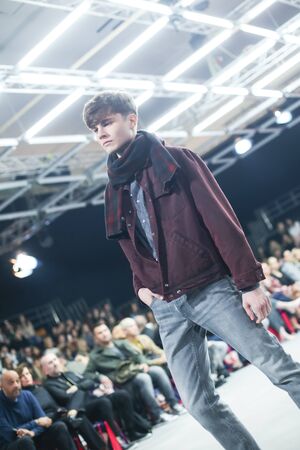 ZAGREB, CROATIA - OCTOBER 24, 2017 : Fashion model wearing clothes for autumn - winter, designed by Robert Sever on the Bipa Fashion.hr fashion show in Zagreb, Croatia.のeditorial素材