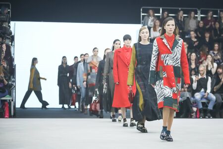 ZAGREB, CROATIA - OCTOBER 25, 2017 : Fashion model wearing clothes for autumn - winter, designed by Klisab on the Bipa Fashion.hr fashion show in Zagreb, Croatia.のeditorial素材