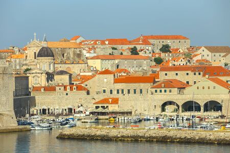 DUBROVNIK, CROATIA - JULY 22, 2017 : Old town with the city harbor in Dubrovnik, Croatia.のeditorial素材