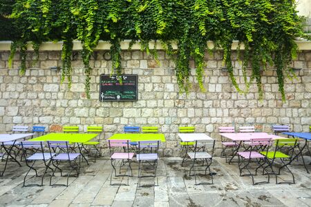 DUBROVNIK, CROATIA - JULY 22, 2017 : A colorful restaurant terrace in Dubrovnik, Croatia.のeditorial素材