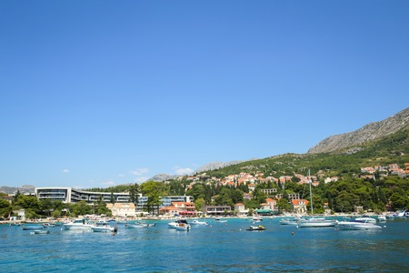 SREBRENO, CROATIA - JULY 18, 2017 : A view of boats anchored at seaside in front of Hotel Sheraton in Srebreno, Croatia.のeditorial素材