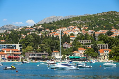 SREBRENO, CROATIA - JULY 18, 2017 : A view of boats anchored at seaside in Dubrovnik riviera in Srebreno, Croatia.のeditorial素材