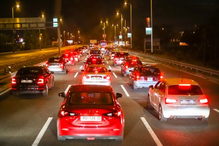 ZAGREB, CROATIA - NOVEMBER 5, 2017 : Cars lined up in a city traffic jam at night in Zagreb, Croatia.のeditorial素材