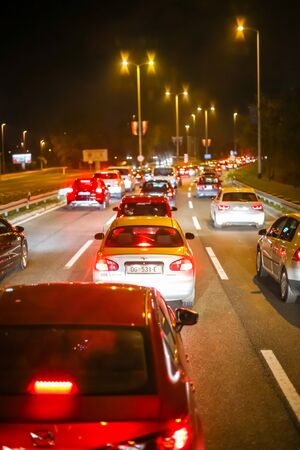 ZAGREB, CROATIA - NOVEMBER 5, 2017 : Cars lined up in a city traffic jam at night in Zagreb, Croatia.のeditorial素材
