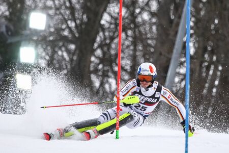 ZAGREB, CROATIA - JANUARY 4, 2018 : Strasser Linus of Ger competes during the Audi FIS Alpine Ski World Cup Mens Slalom, Snow Queen Trophy 2018 in Zagreb, Croatia.のeditorial素材