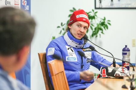 ZAGREB, CROATIA - JANUARY 4, 2018 : Press conference with third placed Henrik Kristoffersen of Norway on the Audi FIS Alpine Ski World Cup Men's Slalom, Snow Queen Trophy 2018 in Zagreb, Croatia.のeditorial素材