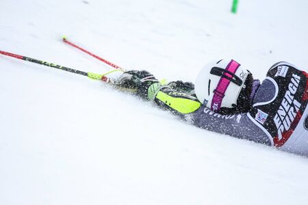 ZAGREB, CROATIA - JANUARY 3, 2018 : Noens Nastasia of France falling down during the Audi FIS Alpine Ski World Cup Women's Slalom, Snow Queen Trophy 2018 in Zagreb, Croatia.のeditorial素材