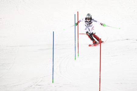 ZAGREB, CROATIA - JANUARY 3, 2018 : Huber Katharina of Aut competes during the Audi FIS Alpine Ski World Cup Women's Slalom, Snow Queen Trophy 2018 in Zagreb, Croatia.のeditorial素材