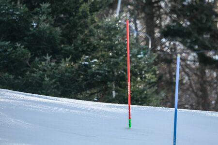 ZAGREB, CROATIA - JANUARY 3, 2018 : Slalom door on the ski run of the Audi FIS Alpine Ski World Cup Women's Slalom, Snow Queen Trophy 2018 in Zagreb, Croatia.のeditorial素材