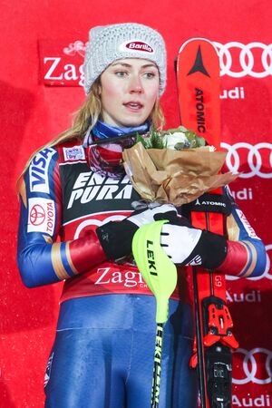 ZAGREB, CROATIA - JANUARY 3, 2018 : Award ceremony of the Audi FIS Alpine Ski World Cup Women's Slalom, Snow Queen Trophy 2018 in Zagreb, Croatia. First place Shiffrin Mikaela, Usa, second place Holdener Wendy, Sui, third place Hansdotter Frida, Swe.のeditorial素材
