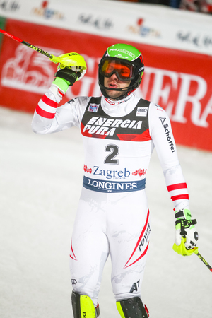 ZAGREB, CROATIA - JANUARY 4, 2018 : Matt Michael of Aut competes during the Audi FIS Alpine Ski World Cup Mens Slalom, Snow Queen Trophy 2018 in Zagreb, Croatia.のeditorial素材
