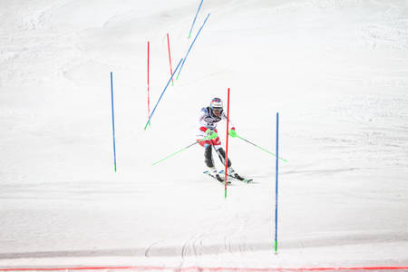 ZAGREB, CROATIA - JANUARY 4, 2018 : Aerni Luca of Sui competes during the Audi FIS Alpine Ski World Cup Mens Slalom, Snow Queen Trophy 2018 in Zagreb, Croatia.のeditorial素材
