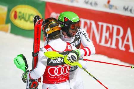 ZAGREB, CROATIA - JANUARY 4, 2018 : Matt Michael 2nd placed  congratulates Hirscher Marcel 1st placed at the Audi FIS Alpine Ski World Cup Mens Slalom, Snow Queen Trophy 2018 in Zagreb, Croatia.のeditorial素材