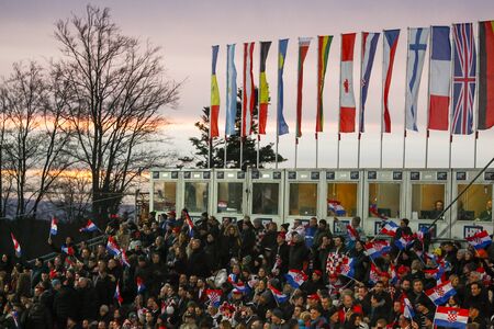 ZAGREB, CROATIA - JANUARY 4, 2018 : Croatian fans with flags during the Audi FIS Alpine Ski World...