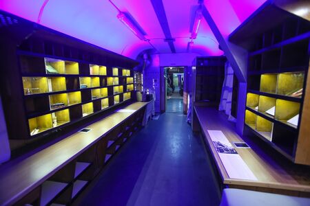 ZAGREB, CROATIA - DECEMBER 13th, 2017: Advent time at the Croatian Railway Museum in Zagreb.Interior of the postal wagon of the Uacs-z series built in 1963 in the railway vehicle factory Janko Gredeljのeditorial素材