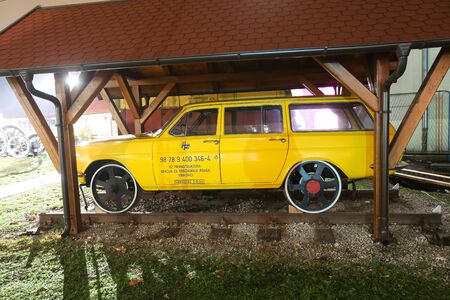 ZAGREB, CROATIA - DECEMBER 13th, 2017: Advent time in city center of Zagreb, Croatia. 1980 SSSR Volga railway motor car with a Mercedes diesel engine.のeditorial素材