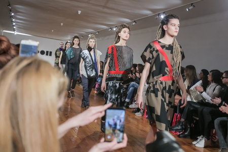 ZAGREB, CROATIA- MARCH 15, 2018: Fashion model wearing clothes for spring-summer, designed by I-GLE on the Bipa Fashion.hr fashion show in Zagreb, Croatia.のeditorial素材