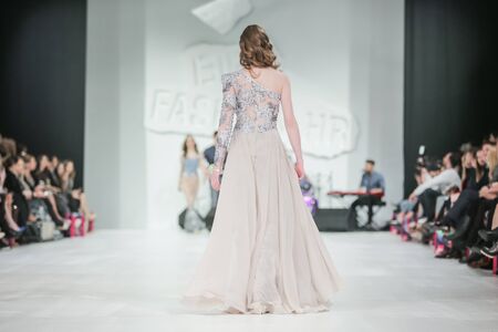 ZAGREB, CROATIA - MARCH 21, 2018 : Fashion model wearing clothes for spring - summer, designed by Ivica Skoko on the Bipa Fashion.hr fashion show in Zagreb, Croatia.のeditorial素材