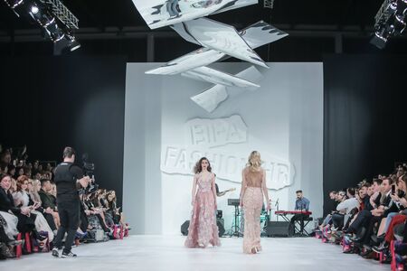 ZAGREB, CROATIA - MARCH 21, 2018 : Fashion model wearing clothes for spring - summer, designed by Ivica Skoko on the Bipa Fashion.hr fashion show in Zagreb, Croatia.のeditorial素材