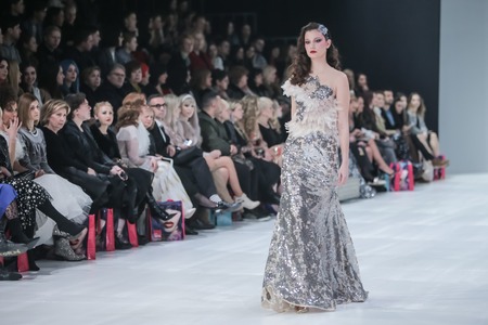 ZAGREB, CROATIA - MARCH 21, 2018 : Fashion model wearing clothes for spring - summer, designed by Ivica Skoko on the Bipa Fashion.hr fashion show in Zagreb, Croatia.のeditorial素材