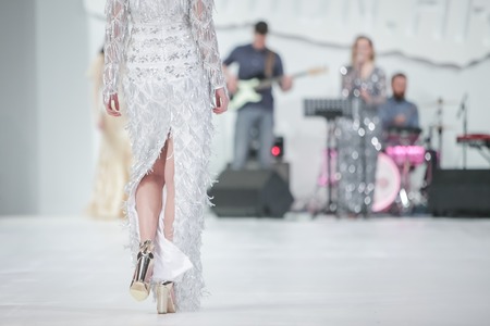 ZAGREB, CROATIA - MARCH 21, 2018 : Fashion model wearing clothes for spring - summer, designed by Ivica Skoko on the Bipa Fashion.hr fashion show in Zagreb, Croatia.のeditorial素材