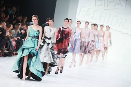 ZAGREB, CROATIA - MARCH 22, 2018 : Fashion model wearing clothes for spring - summer, designed by Jelena Holec on the Bipa Fashion.hr fashion show in Zagreb, Croatia.のeditorial素材