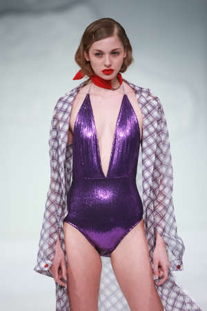 ZAGREB, CROATIA - MARCH 22, 2018 : Fashion model wearing clothes for spring - summer, designed by Mates - Marko Ilijev and Sasa Stevic on the Bipa Fashion.hr fashion show in Zagreb, Croatia.のeditorial素材