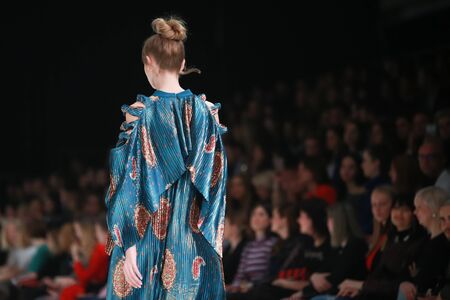 ZAGREB, CROATIA - MARCH 24, 2018 : Fashion model wearing clothes for spring - summer, designed by Arileo on the Bipa Fashion.hr fashion show in Zagreb, Croatia.のeditorial素材