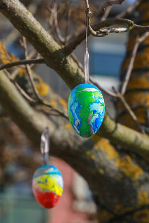 Decorated Easter eggs hanging on the tree branches.