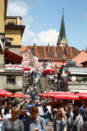 ZAGREB, CROATIA - MAY 19, 2018 : A view of a large group of people on Dolac food market in city center in Zagreb, Croatia.のeditorial素材