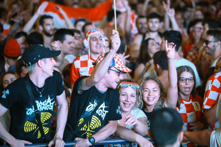 ZAGREB, CROATIA - JUNE 16TH, 2018 : Croatian football fans celebrate win of Croatia football team vs...