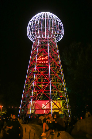 ZAGREB, CROATIA - 25th June, 2018 : The first world replica of the Nikola Tesla Tower as a stage on the 13th INmusic festival located on the lake Jarun in Zagreb, Croatia.のeditorial素材