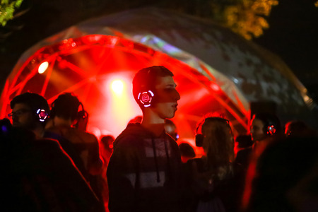 ZAGREB, CROATIA - 26th June, 2018 : Silent Party by YEM kolektiv DJs on the 13th INmusic festival located on the lake Jarun in Zagreb, Croatia.のeditorial素材