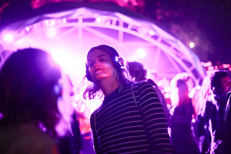 ZAGREB, CROATIA - 26th June, 2018 : Silent Party by YEM kolektiv DJs on the 13th INmusic festival located on the lake Jarun in Zagreb, Croatia.のeditorial素材